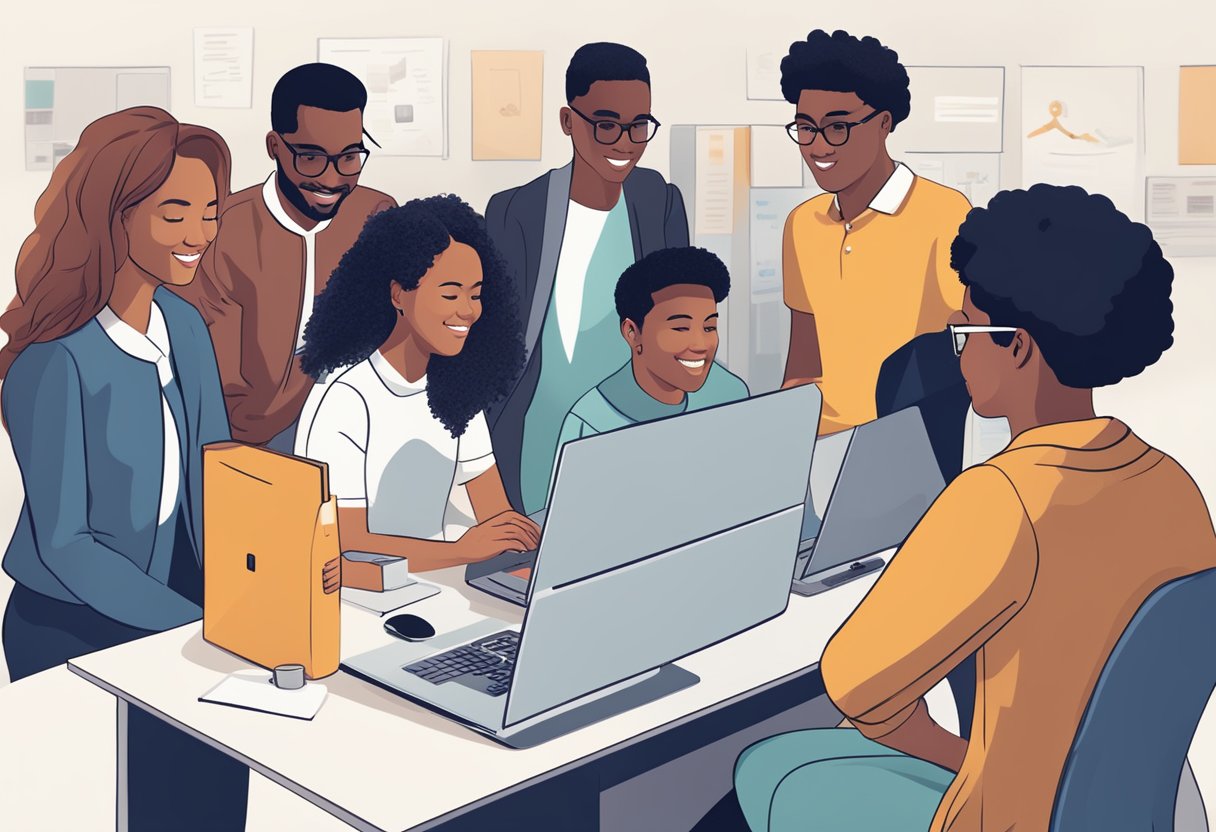 A group of diverse students gather around a computer, engaging in networking and receiving post-graduation support from UK educational providers