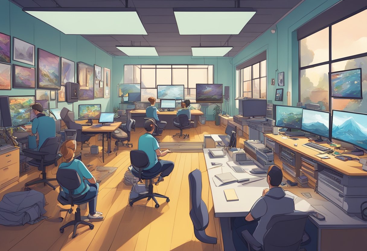 A bustling animation studio in the UK, filled with talented artists and cutting-edge technology, creating vibrant and imaginative animated worlds