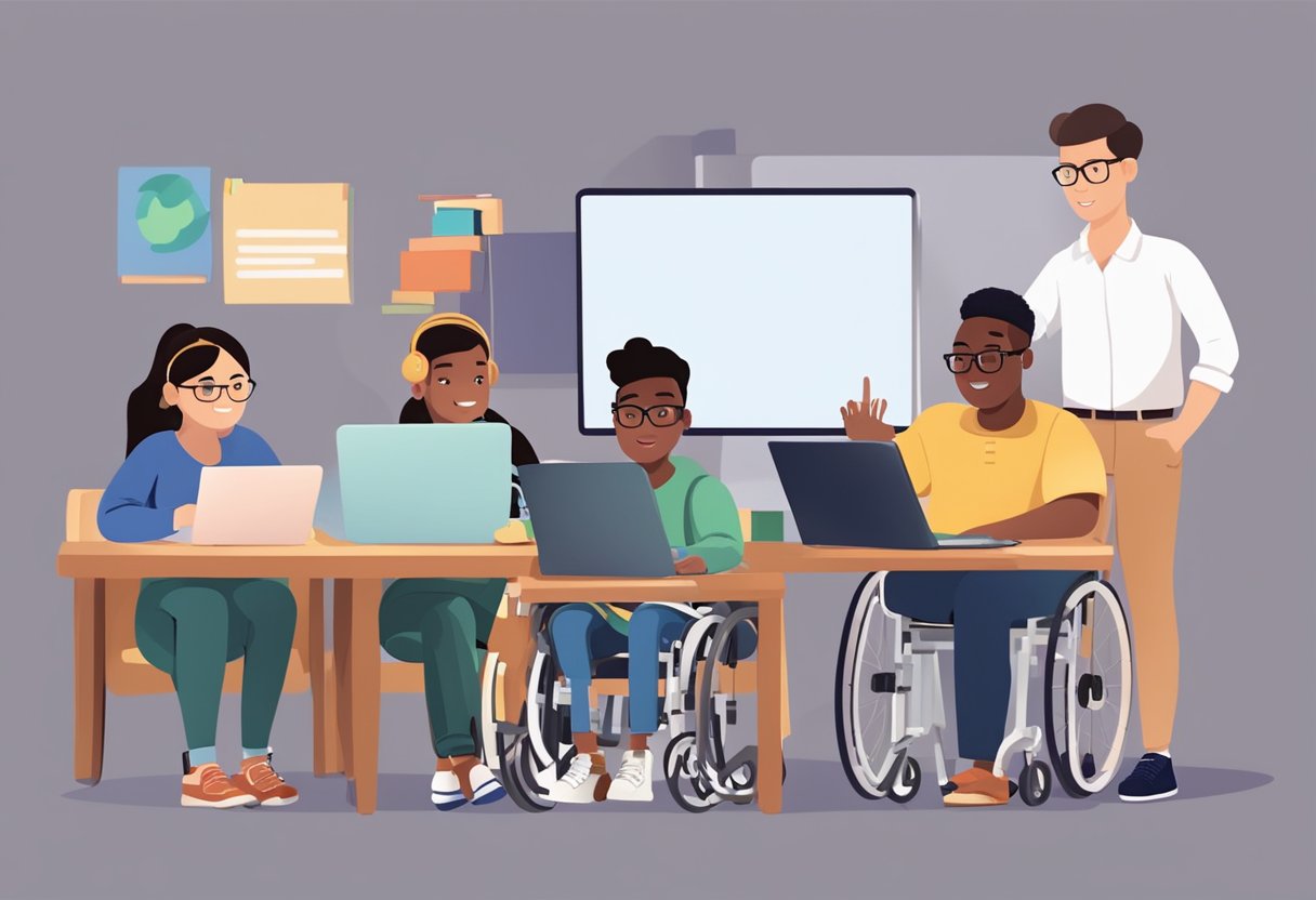 A diverse group of students with disabilities engage in animation education, using adaptive technology and inclusive teaching methods