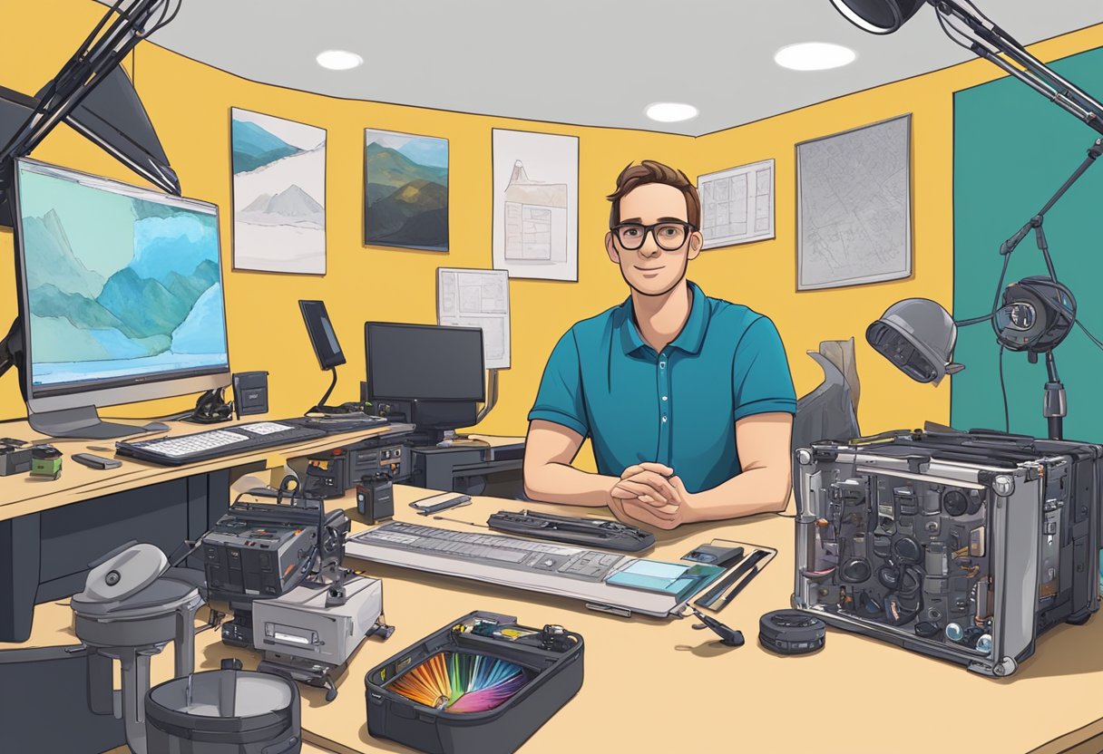An animator in the UK confidently answers FAQs, surrounded by production equipment and creative tools