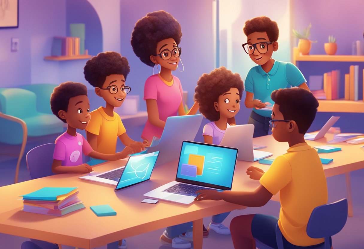 A group of animated characters interacting with educational materials and technology in a vibrant and engaging setting