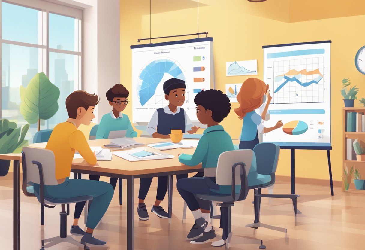 A group of animated characters engage in various educational activities, while a chart in the background displays comparison metrics for educational animation quality