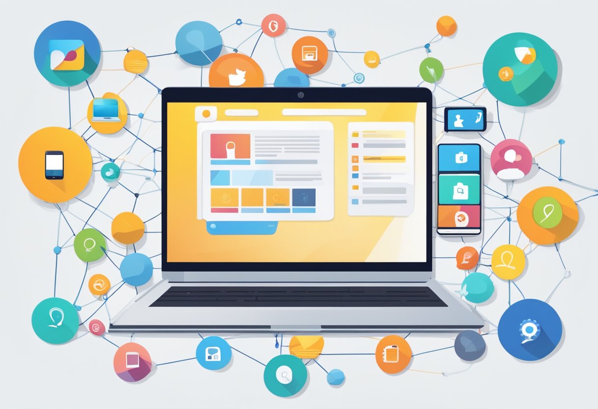 A laptop and smartphone connected to a website and social media icons, surrounded by a network of expanding circles