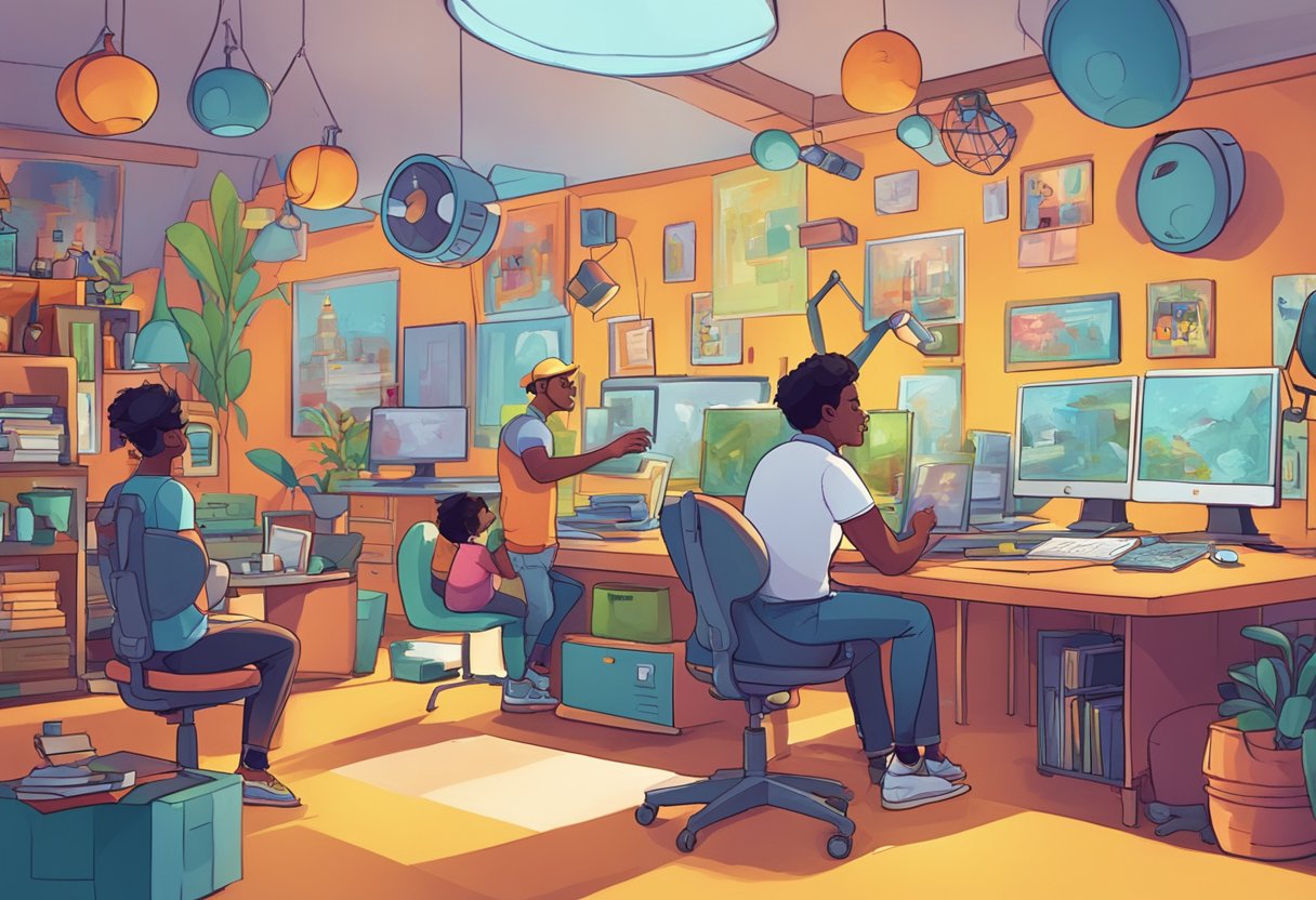 A colorful, dynamic animation studio with diverse characters and engaging storytelling