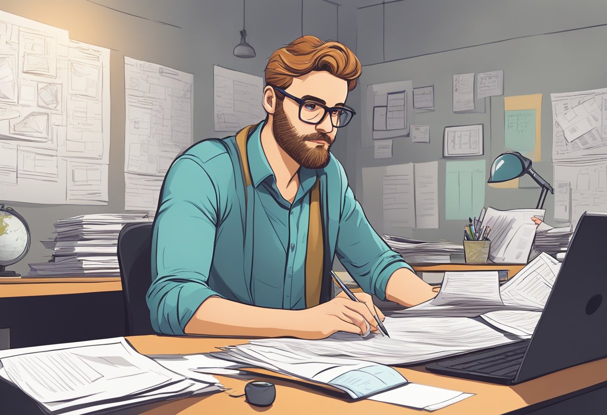 A scriptwriter sits at a desk, surrounded by papers and a computer, brainstorming ideas for an animated explainer video