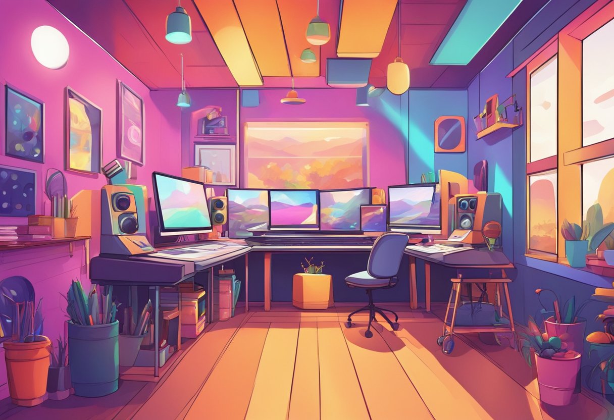 A colorful, dynamic animation studio with various styles and techniques on display. Bright lights and creative energy fill the space