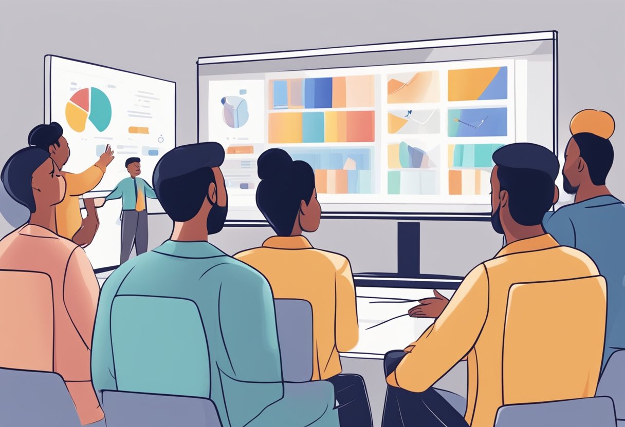 A group of diverse people watching an animated explainer video on a large screen, expressing interest and engagement