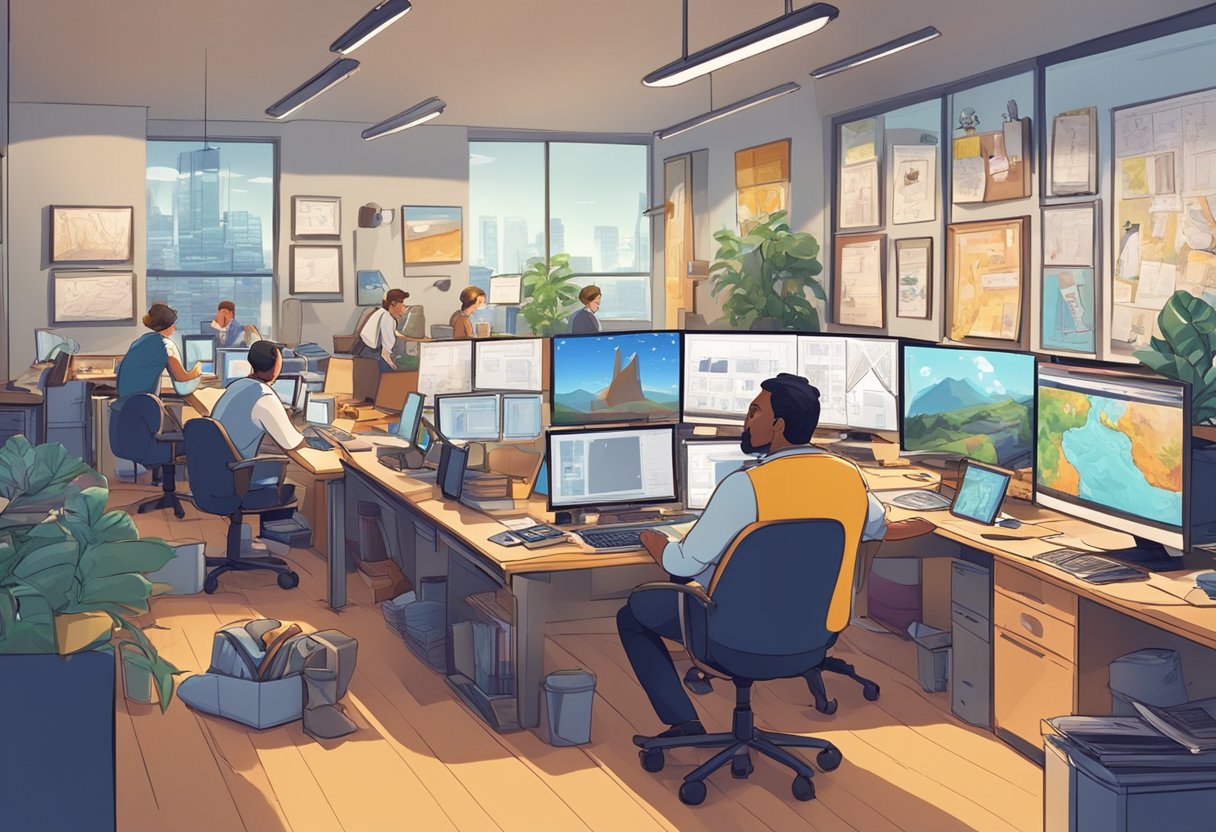 A bustling office with animators at work, colorful storyboards on the walls, and computer screens displaying animated characters and scenes