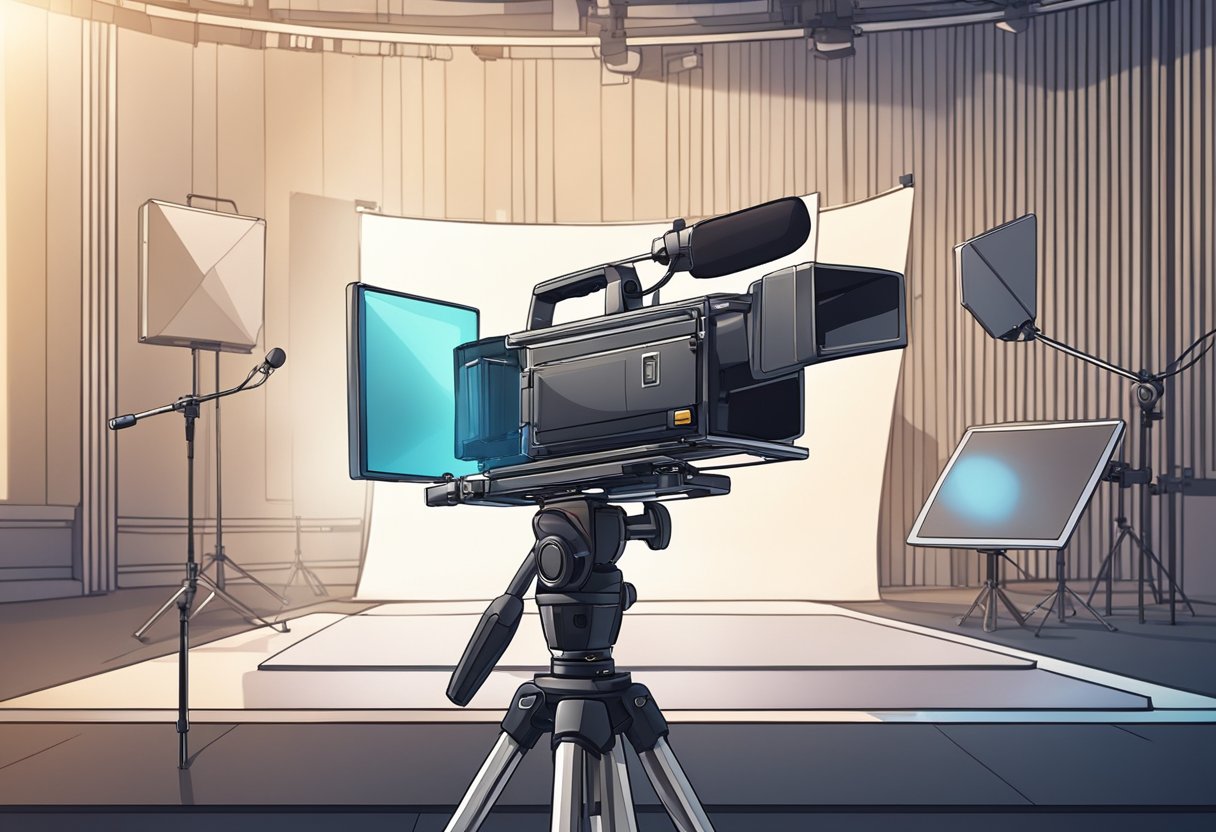 A professional video camera on a tripod records a well-lit studio with a microphone and soundproofing panels