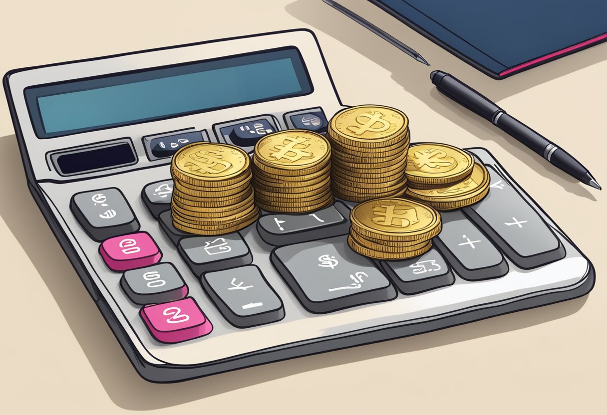 A stack of pound coins arranged in a line, with a calculator and pen nearby on a desk