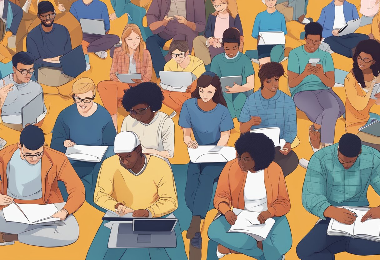 A diverse group of students engage with digital devices on a modern, interactive educational platform in the UK