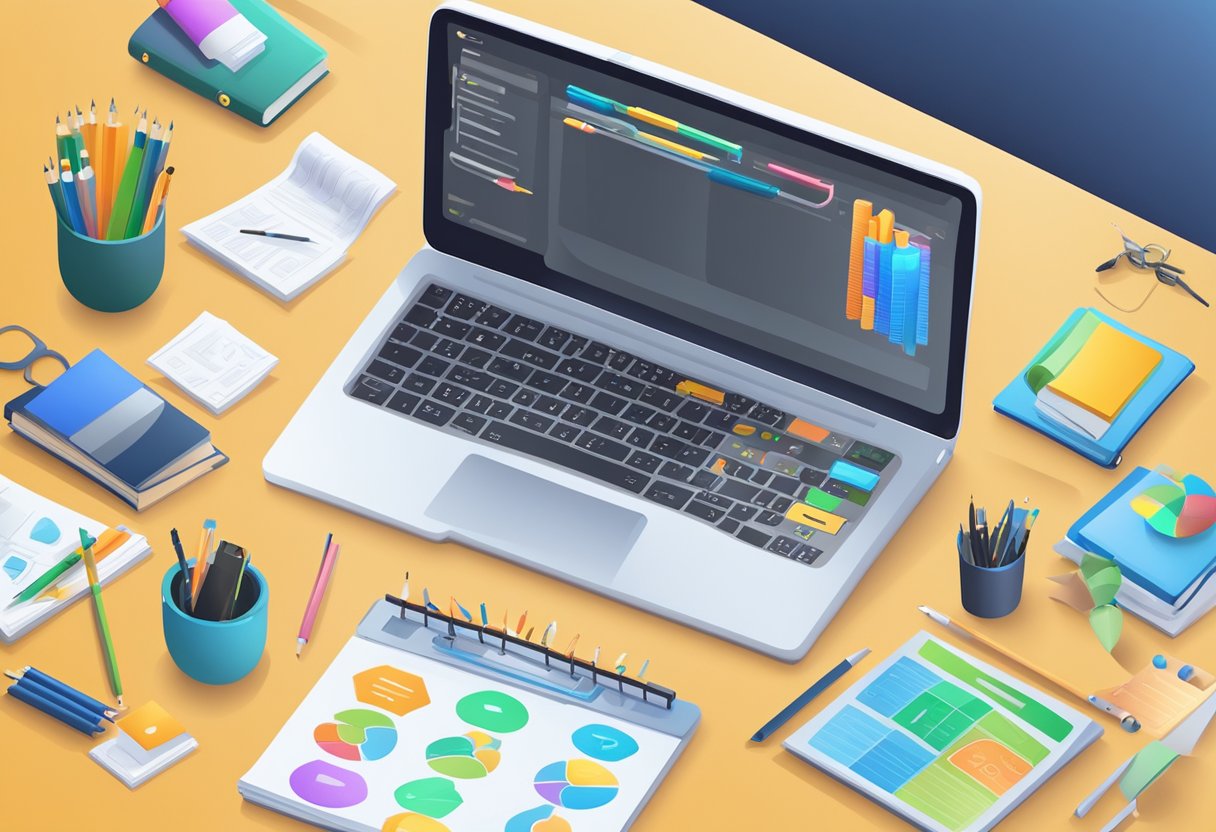 A laptop displaying interactive learning elements surrounded by educational materials and tools