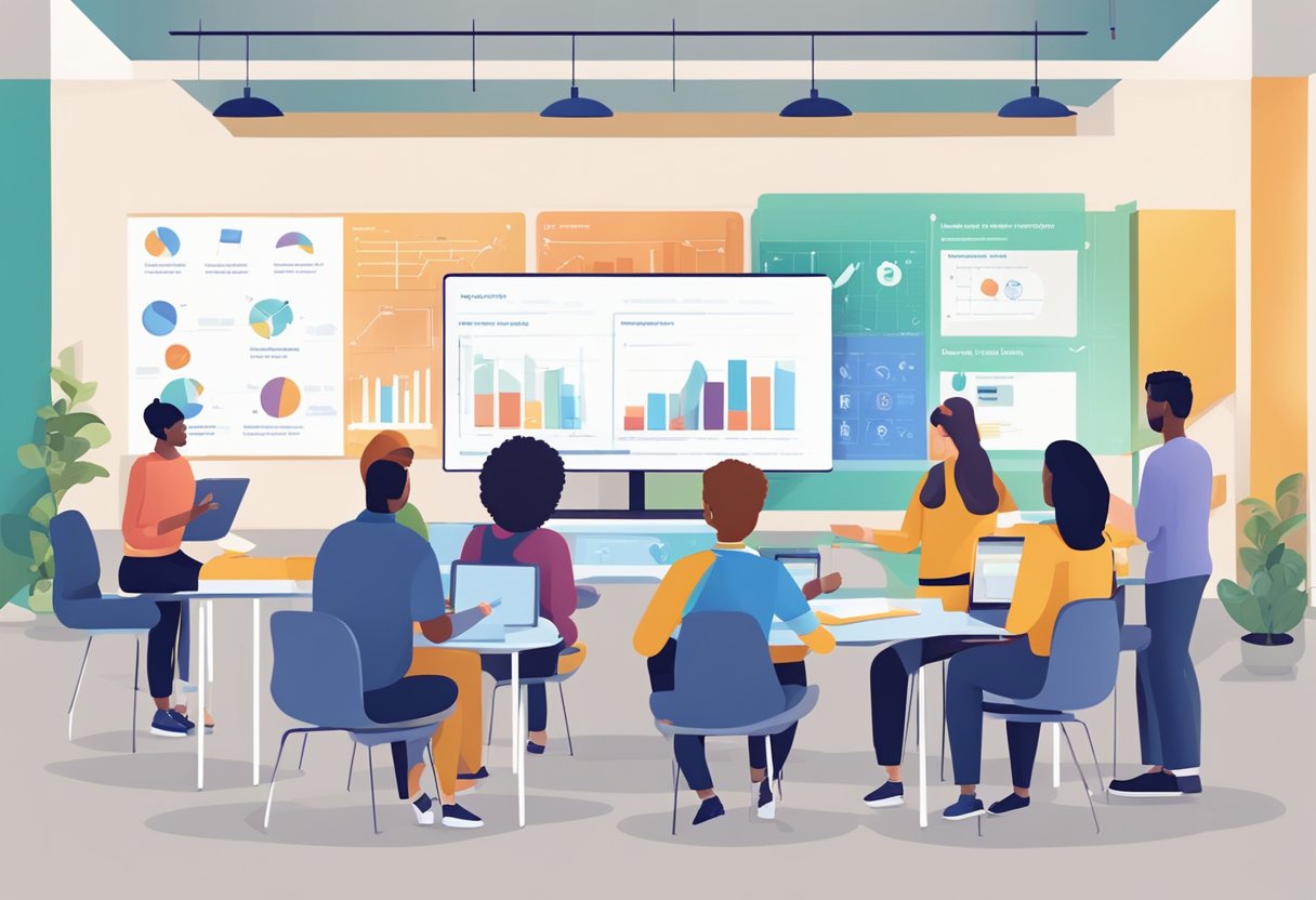 A group of diverse students engage with digital learning tools in a modern classroom setting. Graphs and charts illustrate the impact of interactive platforms on core subjects