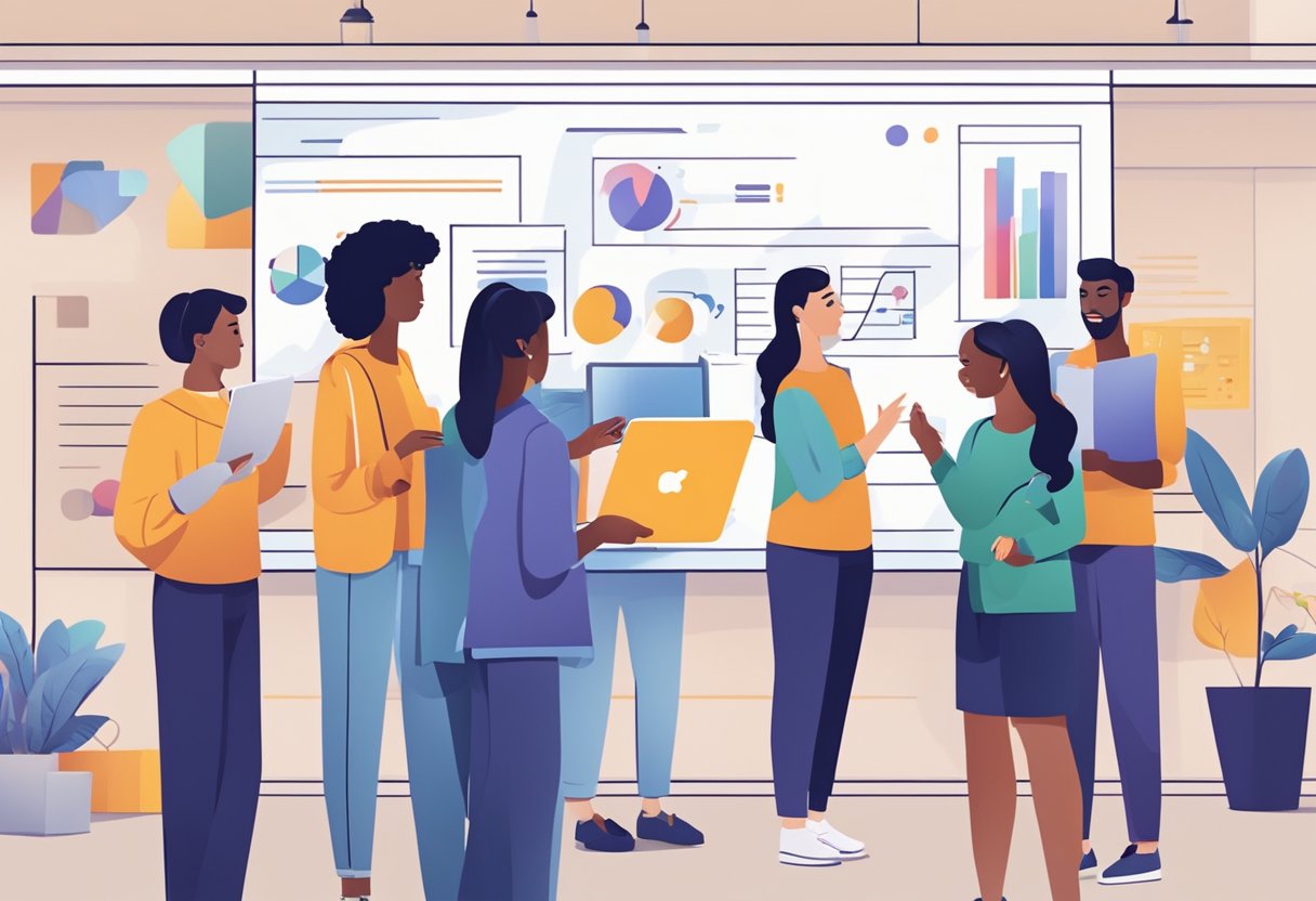 A group of diverse individuals engage with interactive educational platforms in a modern setting, with emphasis on marketing and outreach