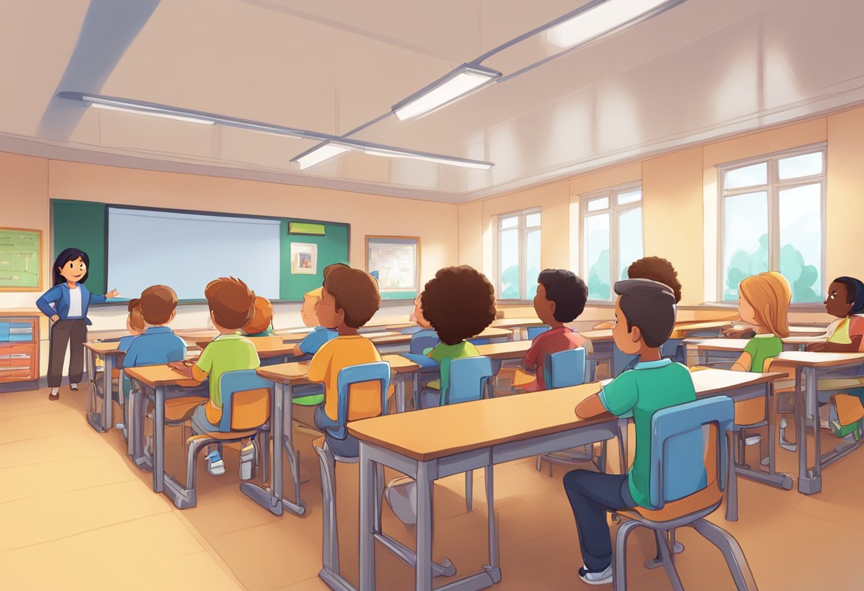 A classroom setting with animated characters teaching and engaging with students through voice animation