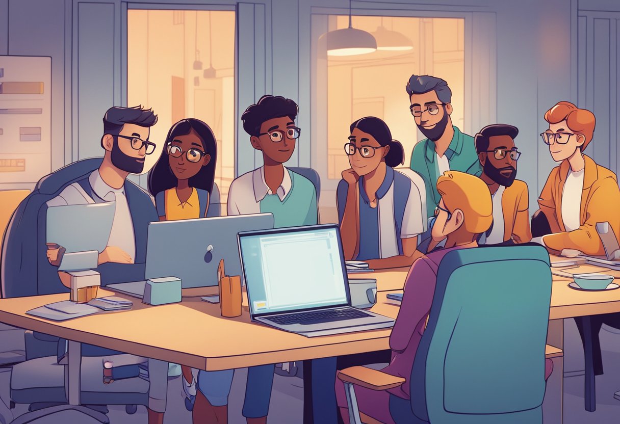 A group of animated characters gather around a computer screen displaying a UK animation company's quality reviews. The characters look engaged and interested in the content