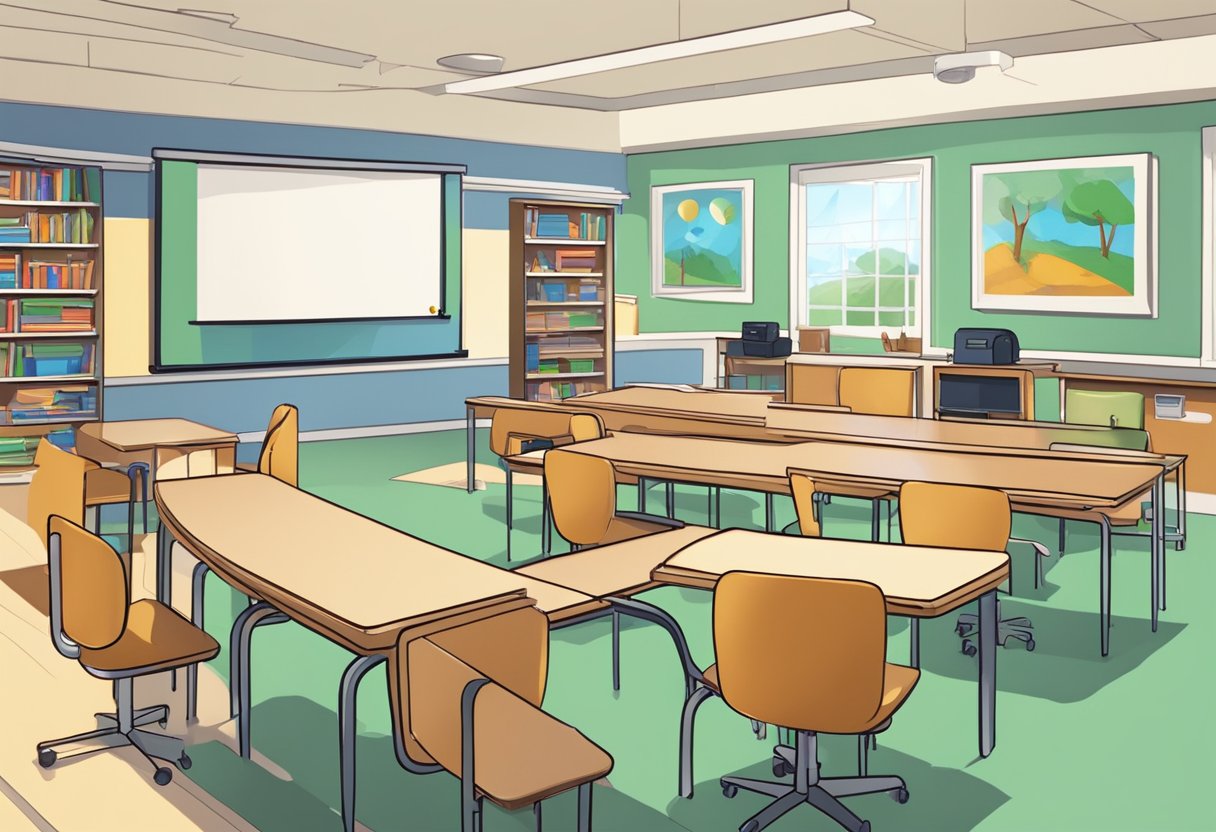 A classroom setting with animated educational materials and a speaker conveying information with engaging voice animation
