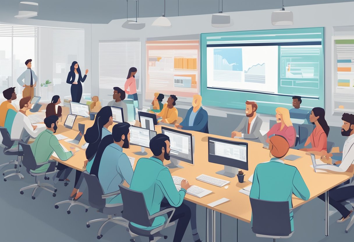 A group of professionals discussing and comparing different animation companies while looking at quality reviews on a large screen