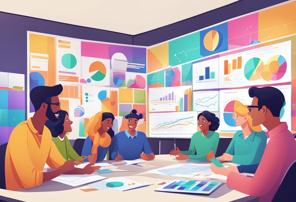 A group of animated characters engage in a lively discussion, surrounded by colorful graphics and charts illustrating successful animation campaigns