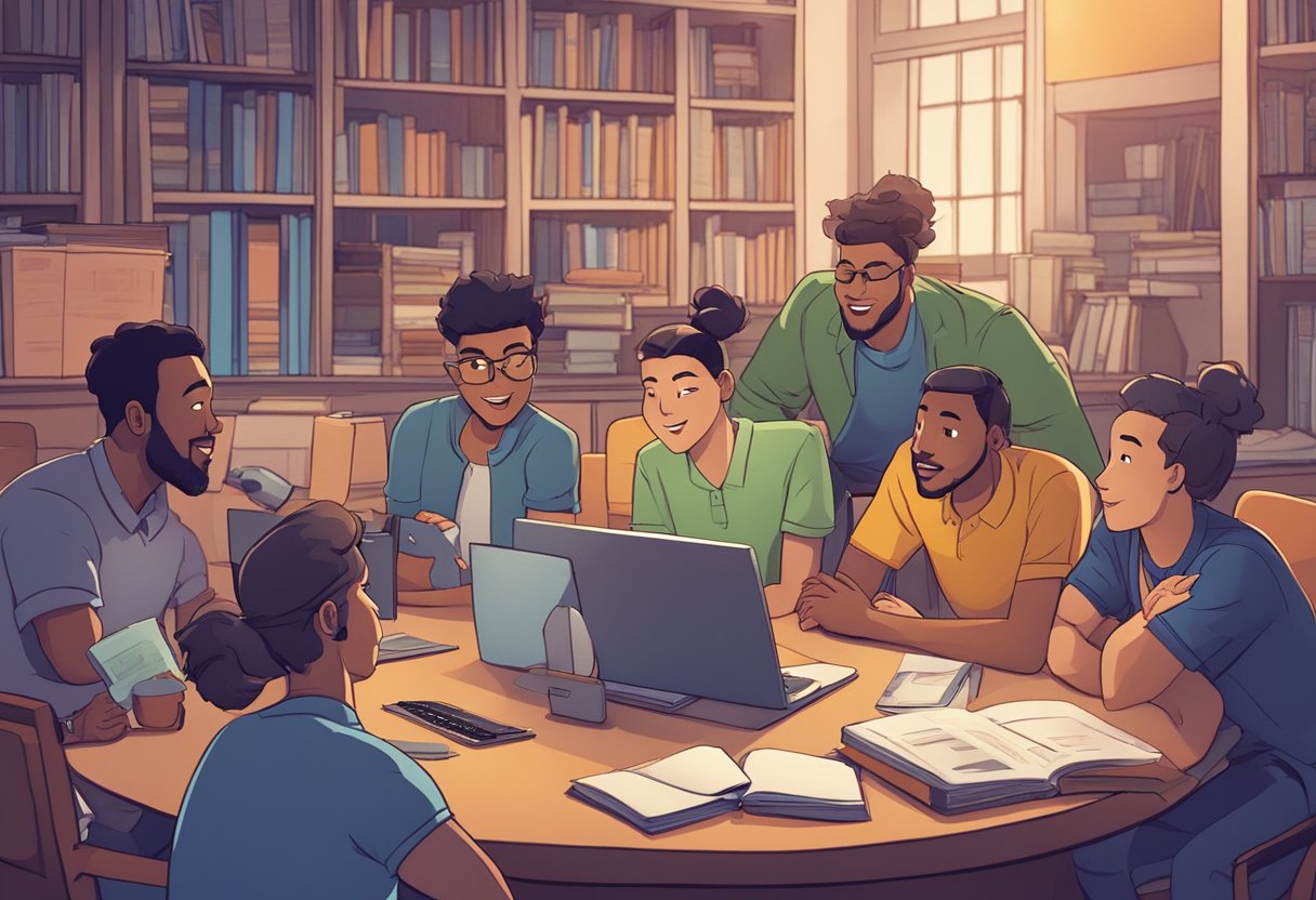 A group of animated characters engage in a lively discussion, surrounded by books and computer screens displaying various animation techniques