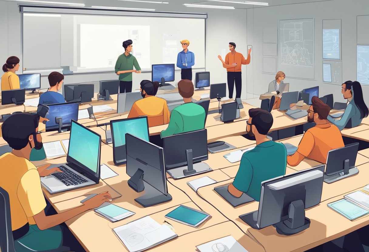 A group of animation experts discussing technological advancements in a classroom setting, surrounded by digital drawing tablets and computer screens