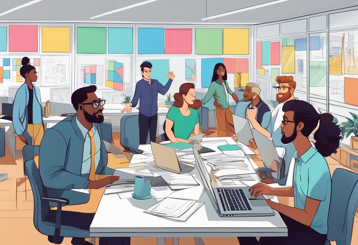 A group of educational voice animation experts collaborate in a modern office setting, surrounded by colorful storyboards and animated character designs