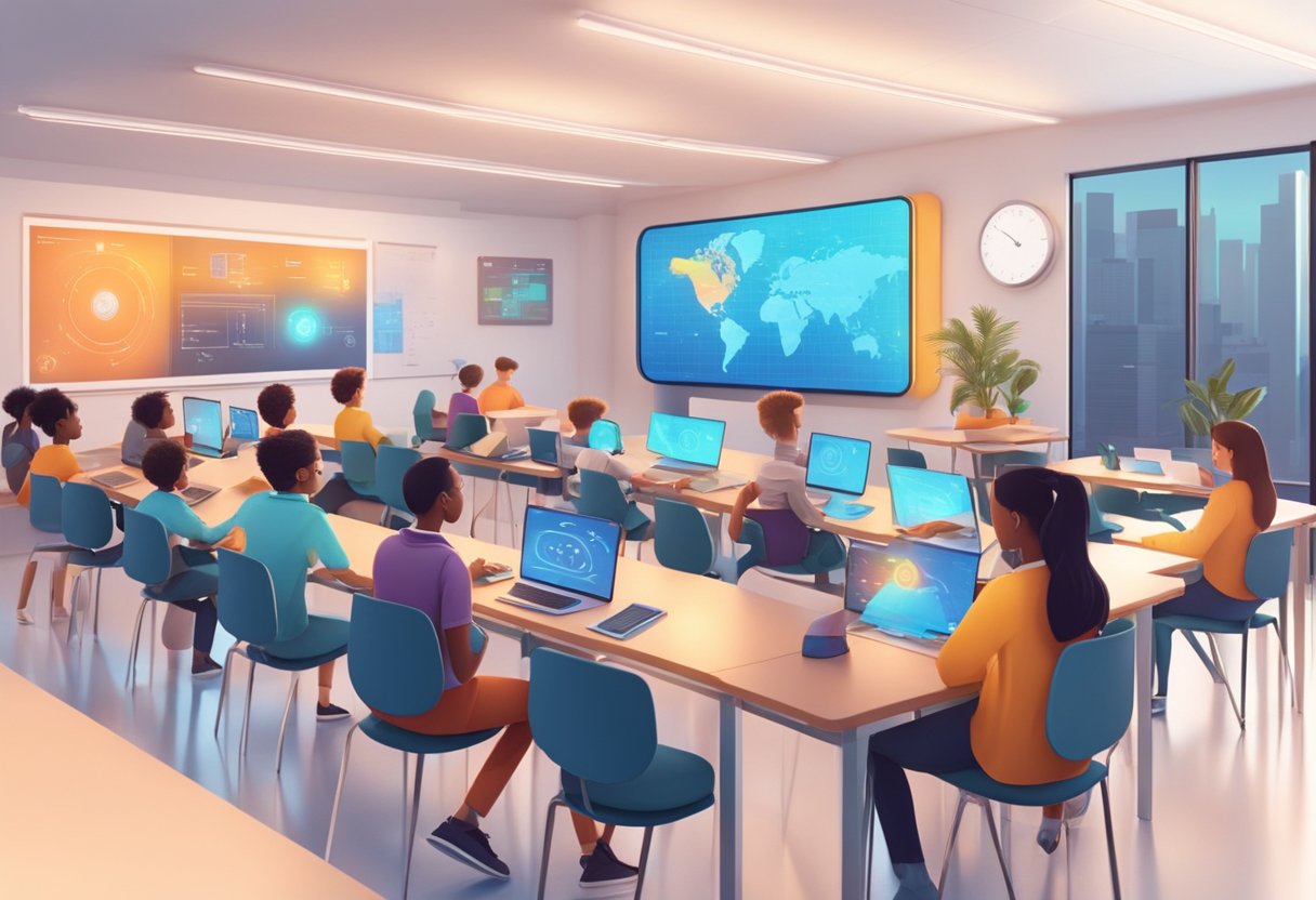 A futuristic classroom with animated voice assistants teaching students through interactive holographic displays