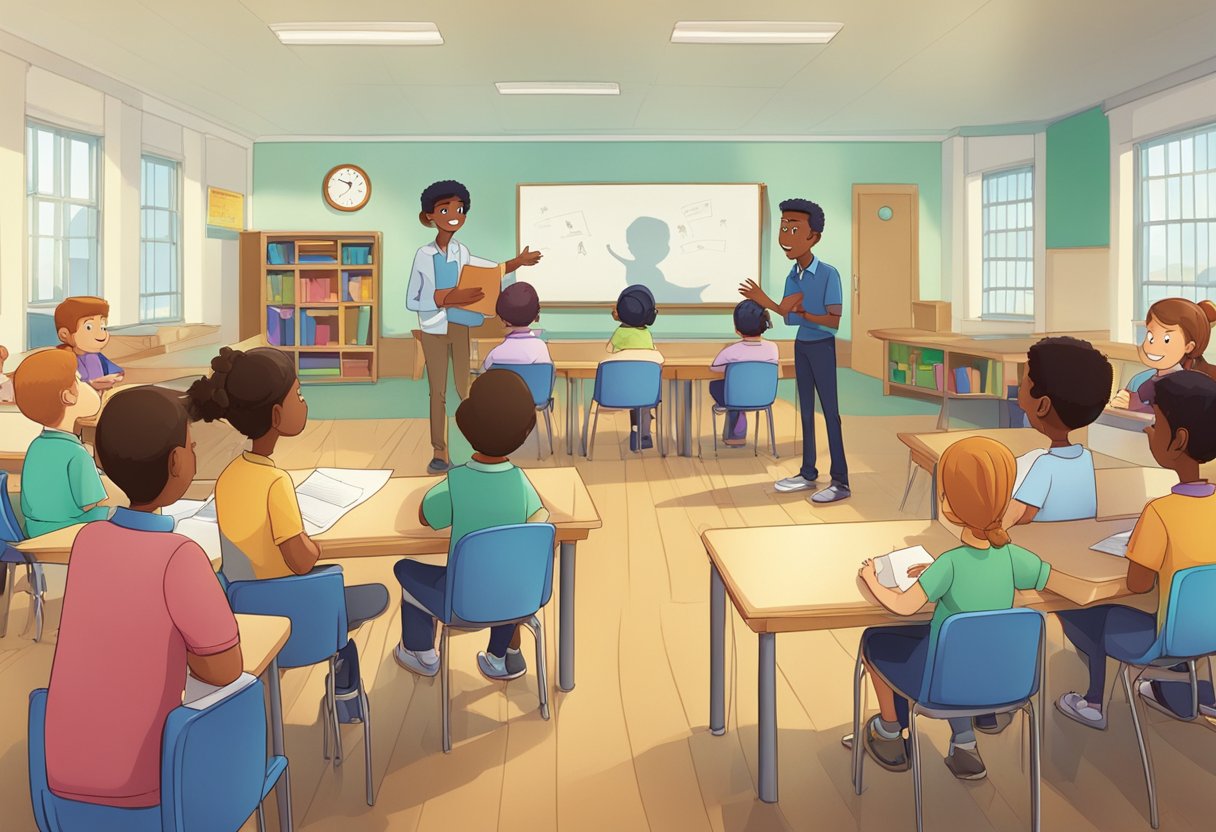 A group of animated characters discussing and answering questions in a classroom setting