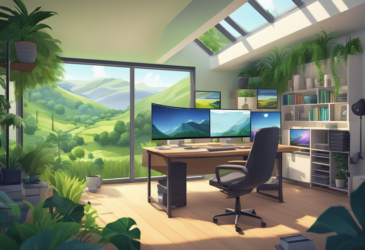 A vibrant digital animation studio in Northern Ireland, filled with computers and creative tools, surrounded by lush green landscapes