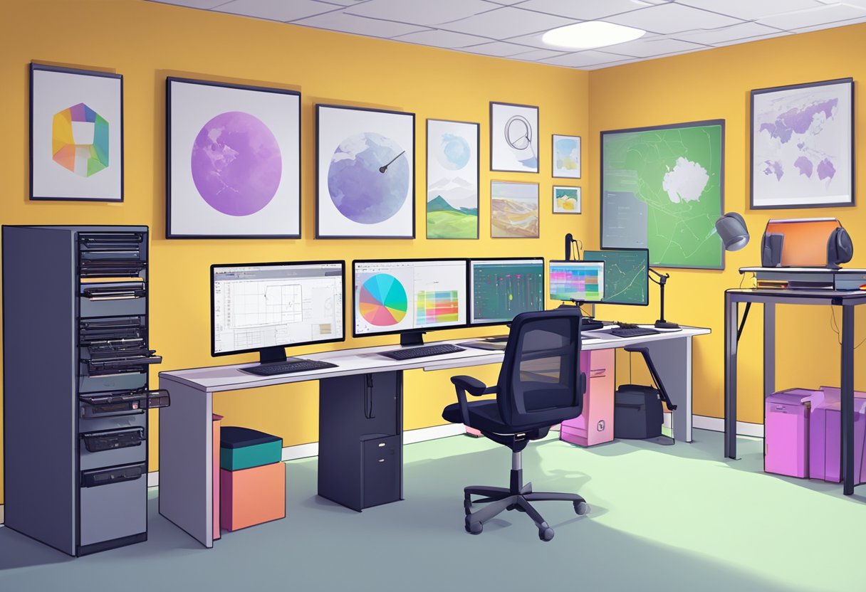 A colorful and dynamic animation studio in Northern Ireland, with computer screens and drawing tablets, showcasing educational content