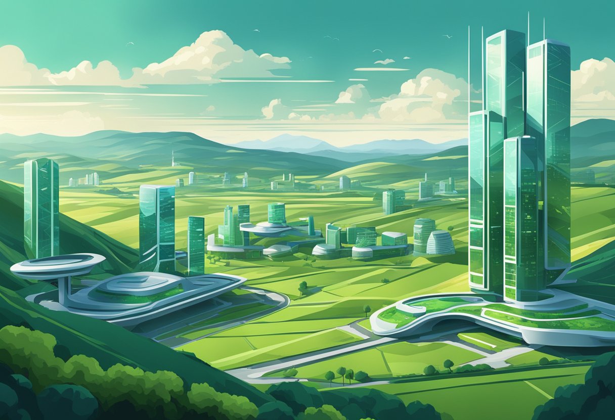 A futuristic cityscape with digital screens and innovative architecture, set against a backdrop of rolling green hills in Northern Ireland