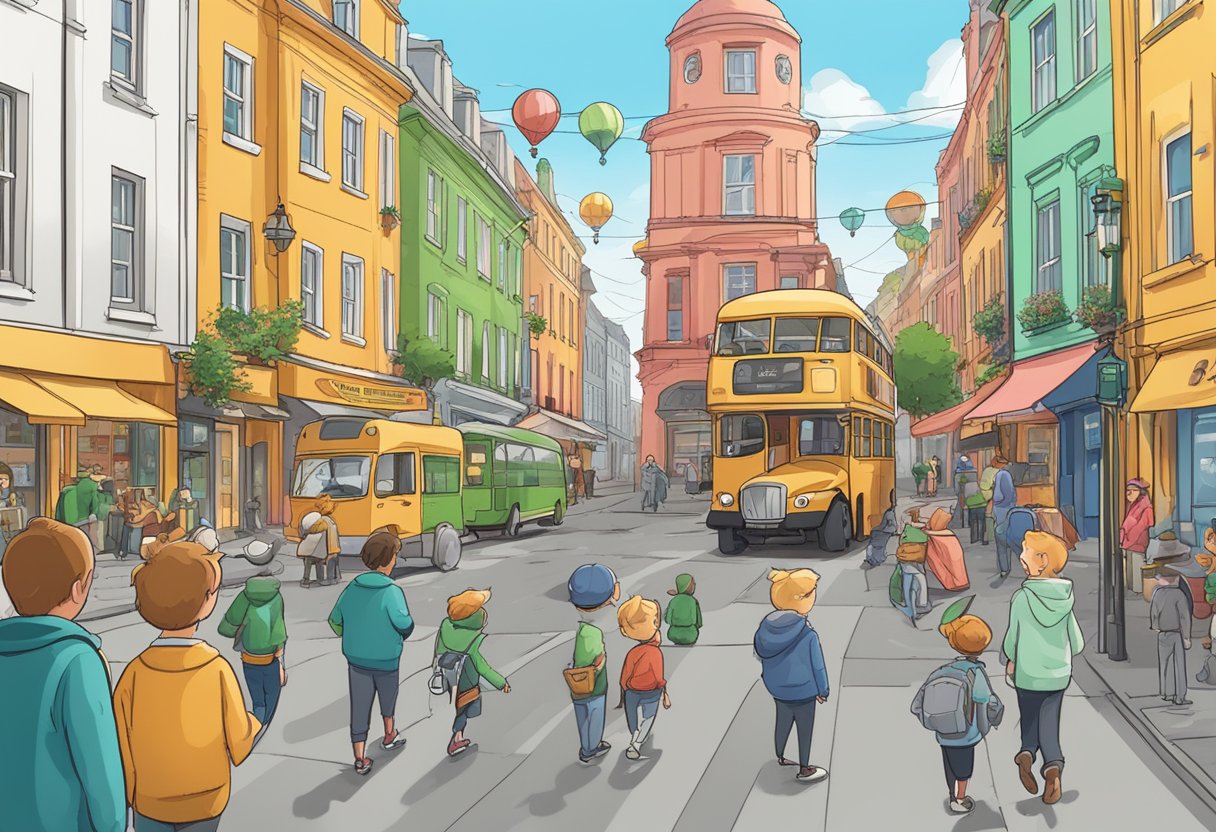 A colorful digital storyboard with animated characters and educational elements set in Dublin