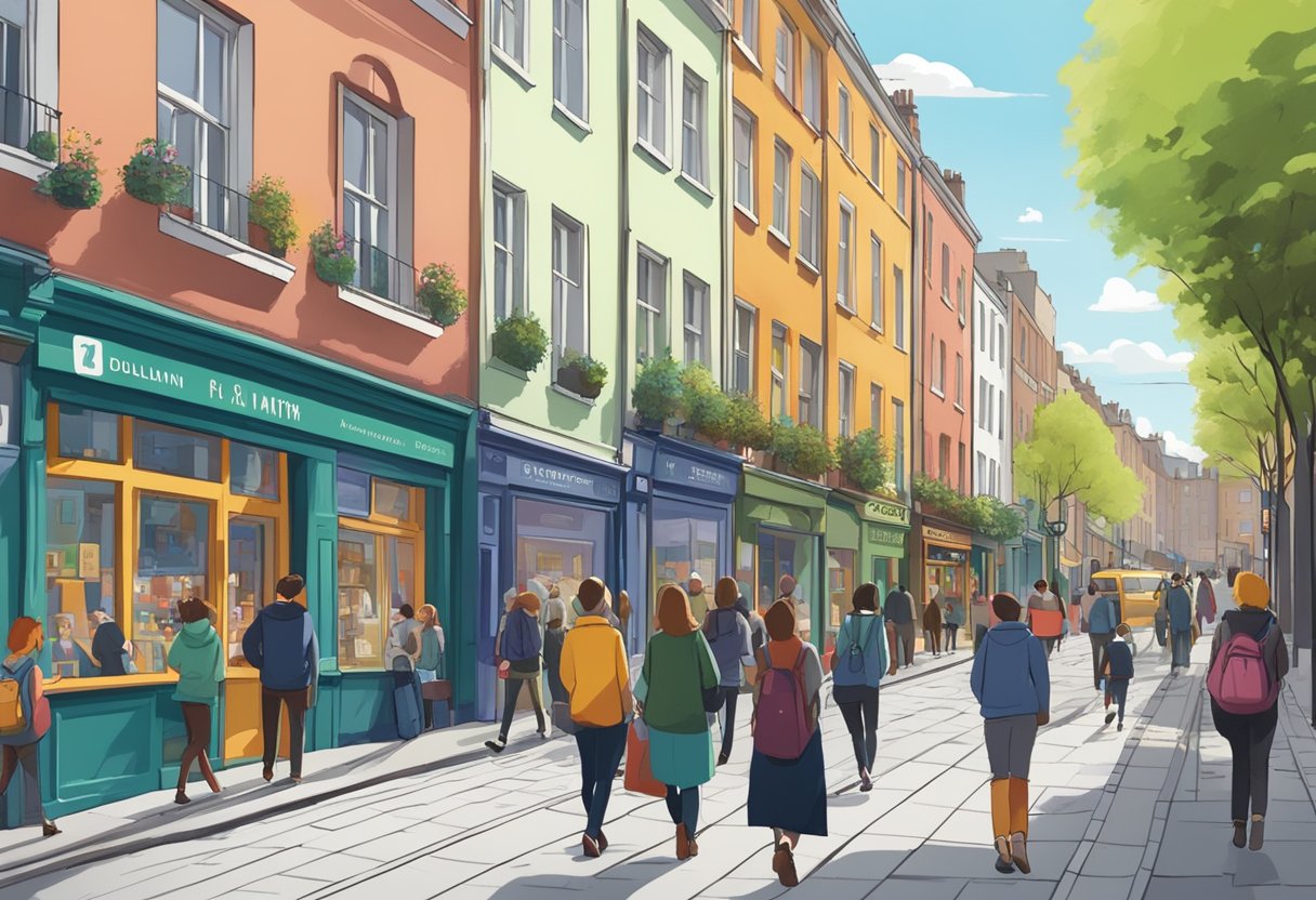 A bustling Dublin street with a prominent animation school, students engaged in creative projects, and colorful posters promoting educational pathways for aspiring animators