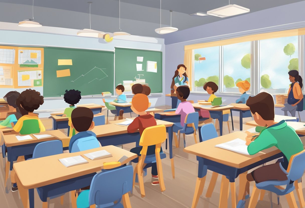 A classroom setting with animated characters demonstrating various animation skills and techniques