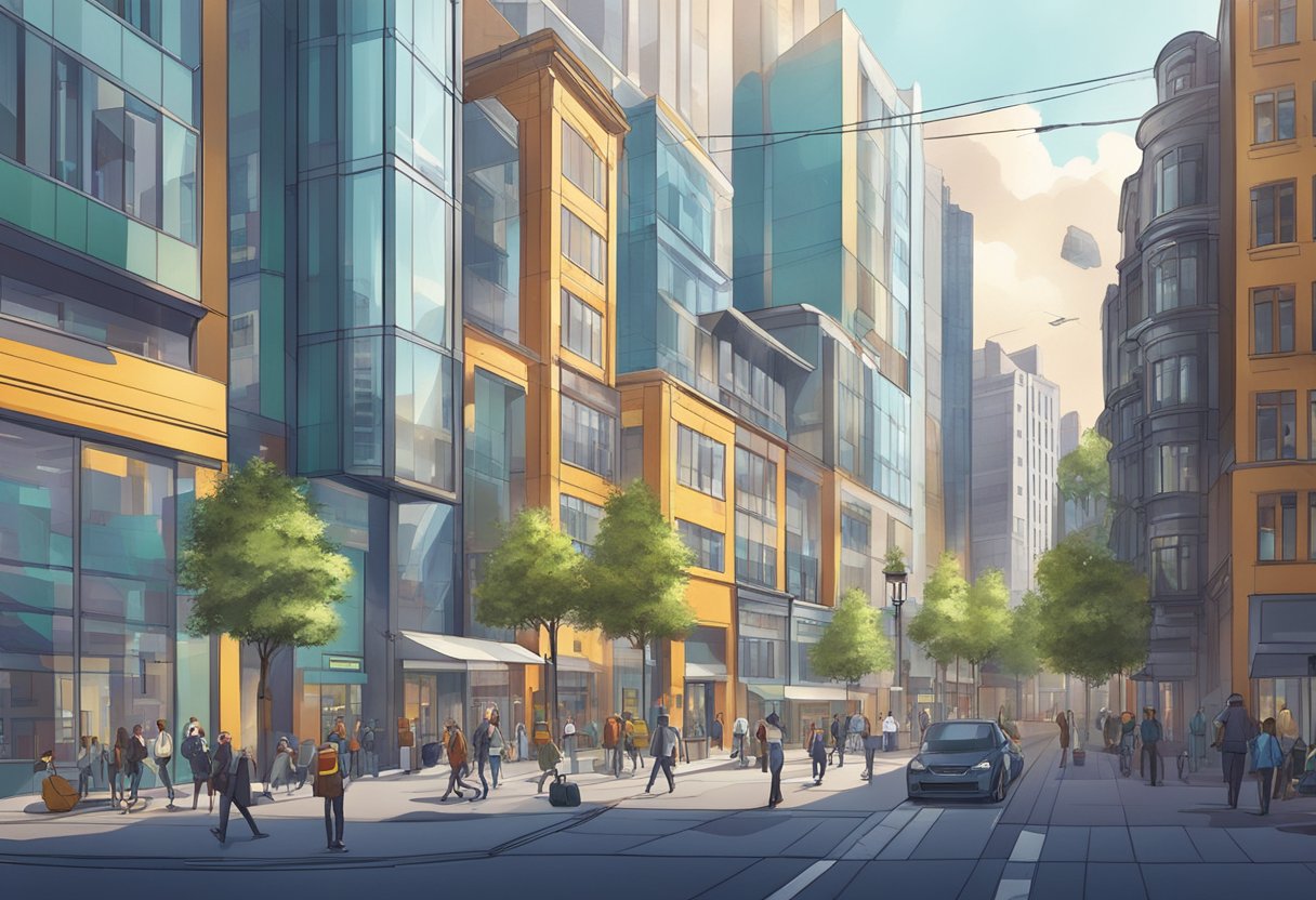 A bustling cityscape with futuristic buildings and animated characters studying at a modern animation school in Dublin