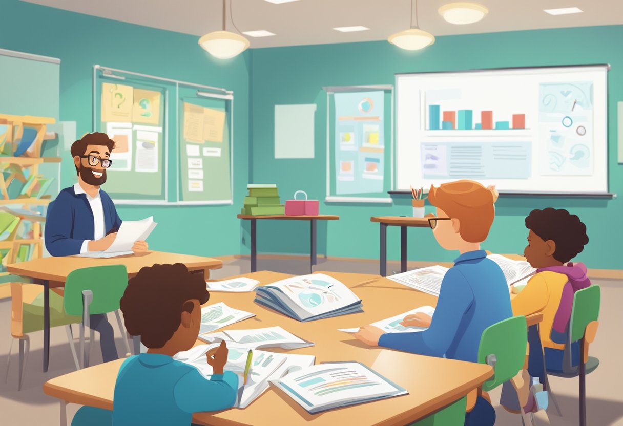 An animated character in a classroom setting, surrounded by question marks and educational materials, with a speech bubble containing the words "Frequently Asked Questions."