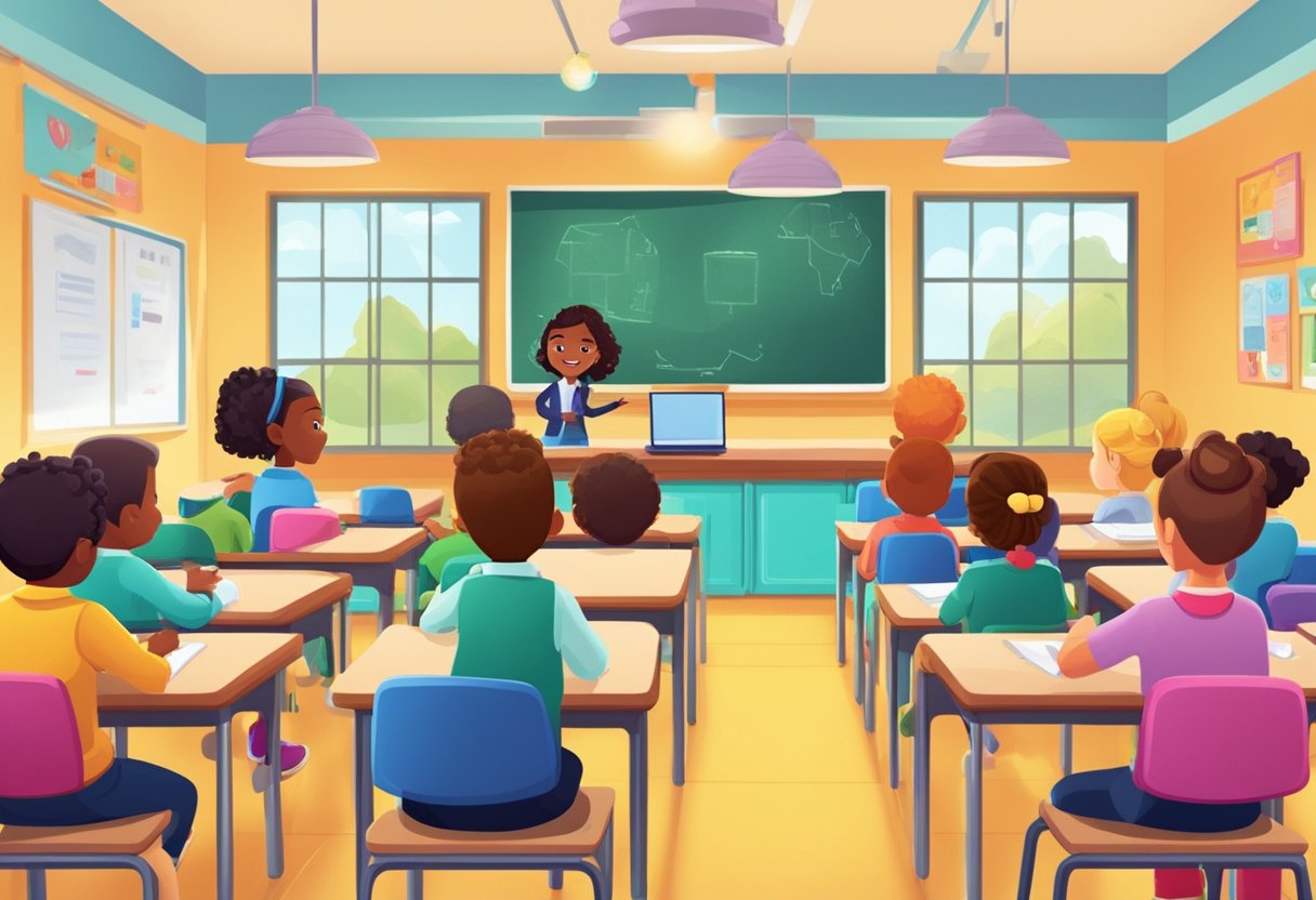 A classroom setting with animated characters teaching and engaging with students. Bright, colorful visuals and interactive elements enhance the learning experience