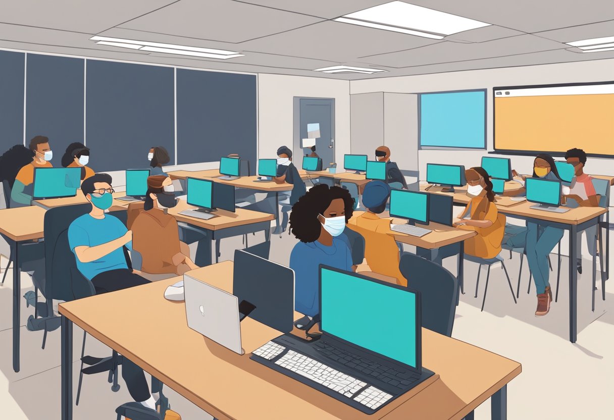 A classroom setting with animation students wearing masks and practicing social distancing while working on computers and discussing projects
