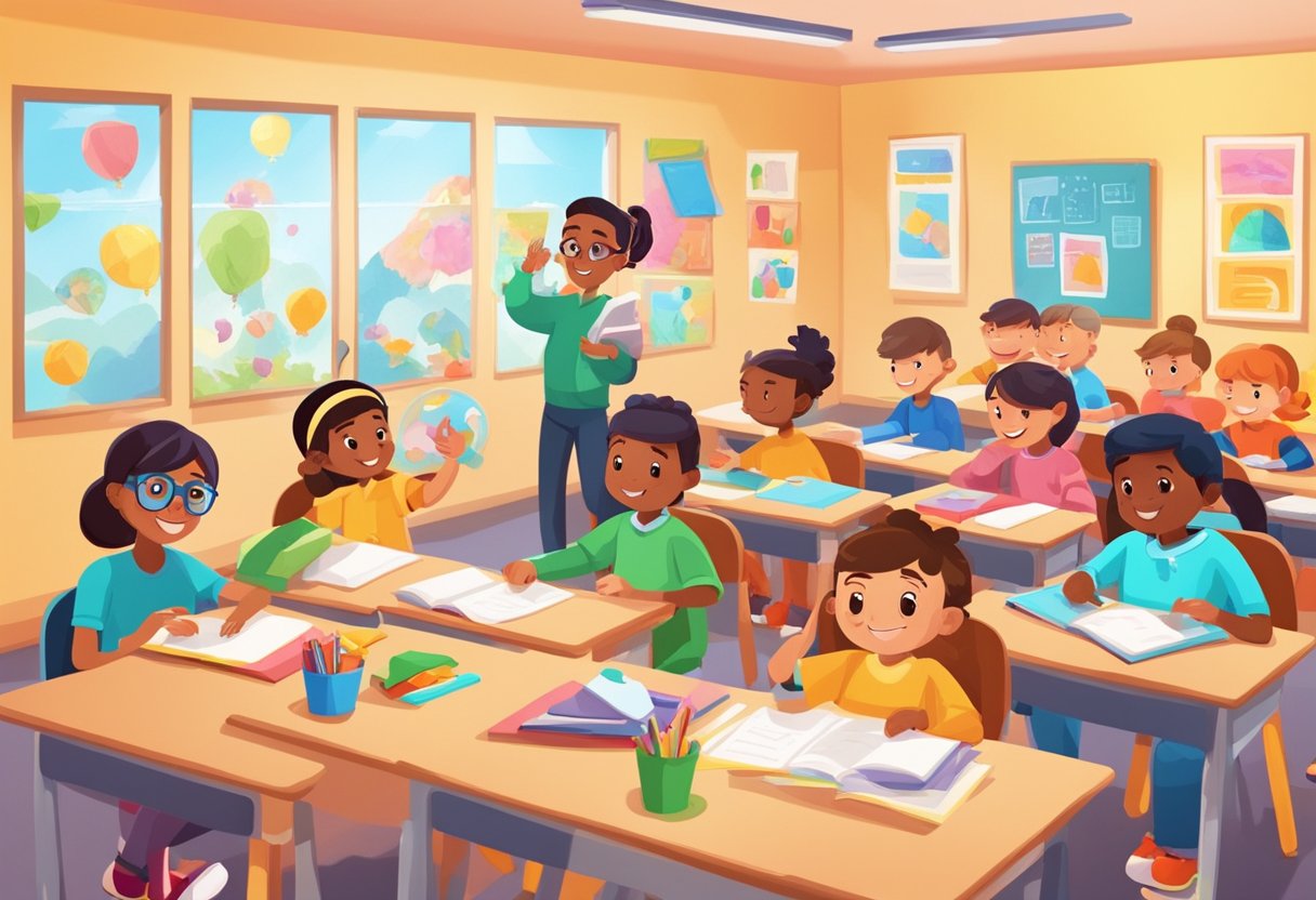 A classroom setting with animated characters engaging in educational activities, surrounded by colorful and playful visuals