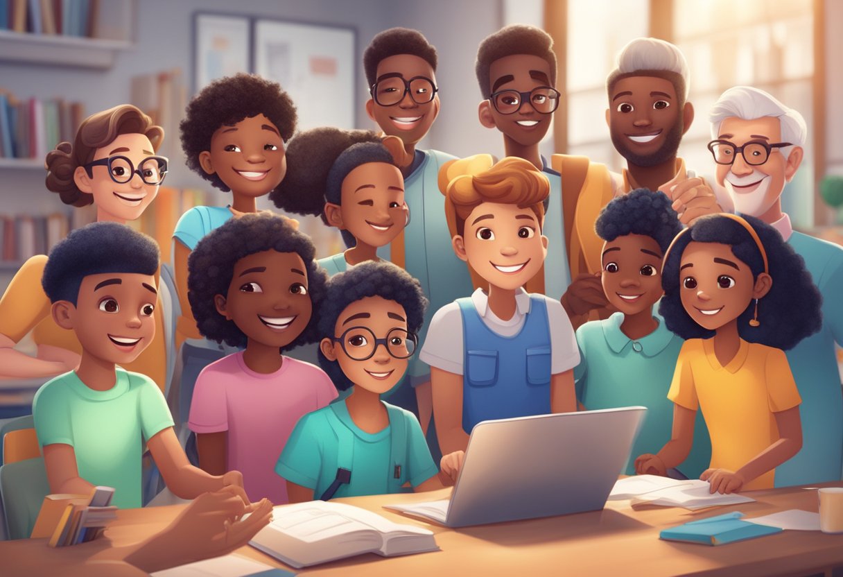 A diverse group of animated characters engage with a community, using educational materials and interactive tools