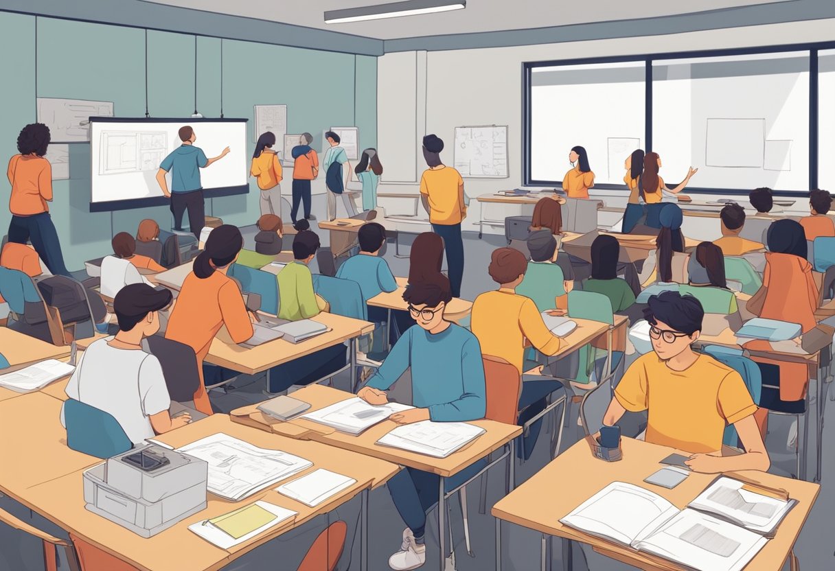 A group of young people in a classroom, surrounded by animation equipment and materials, eagerly learning and practicing animation skills with the guidance of their instructor