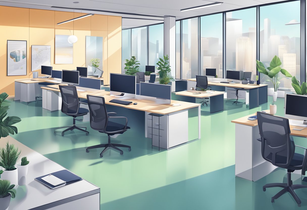 A sleek, modern office space with professional-looking characters engaging in business activities