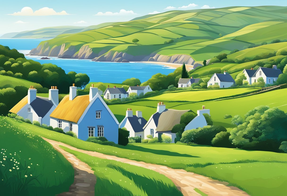A lush green landscape with rolling hills and a clear blue sky, dotted with charming Irish cottages and surrounded by a shimmering coastline
