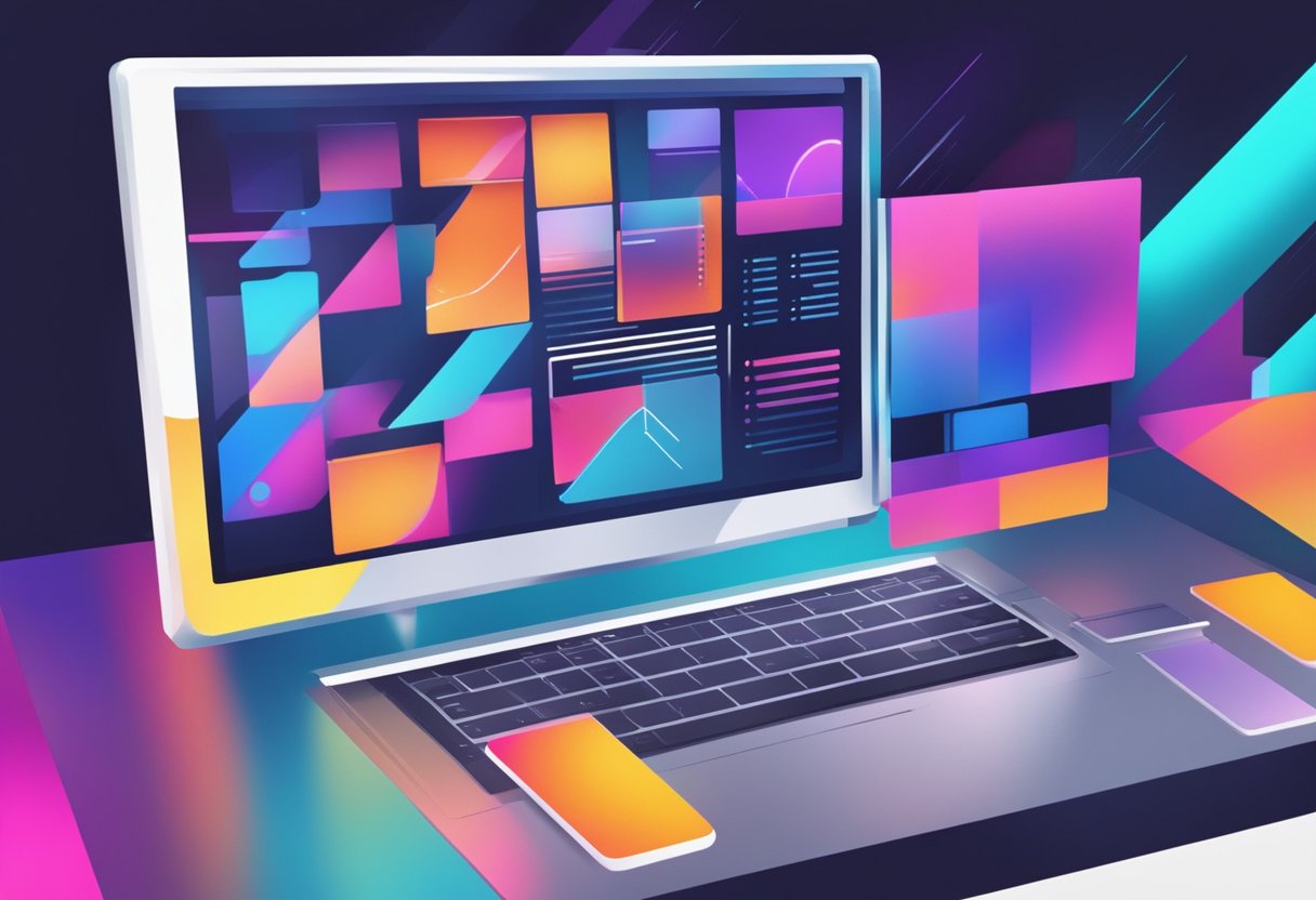 A computer screen displaying a sleek and modern corporate video animation with vibrant colors and dynamic graphics