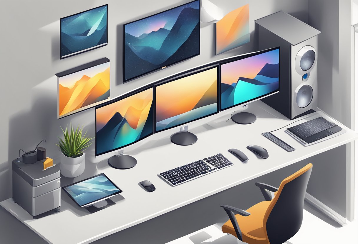 A sleek computer workstation with multiple monitors, a graphics tablet, and professional animation software, surrounded by modern office decor