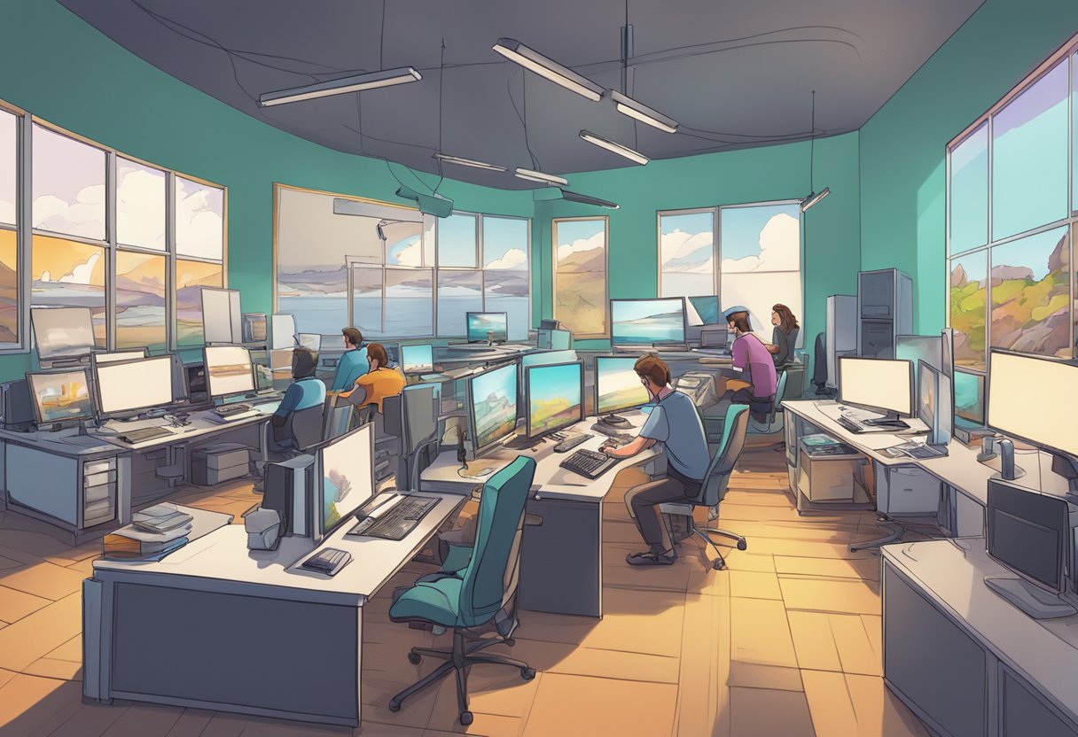 An animation studio in Ireland with artists sketching, animating, and editing scenes on their computers, surrounded by colorful concept art and storyboards