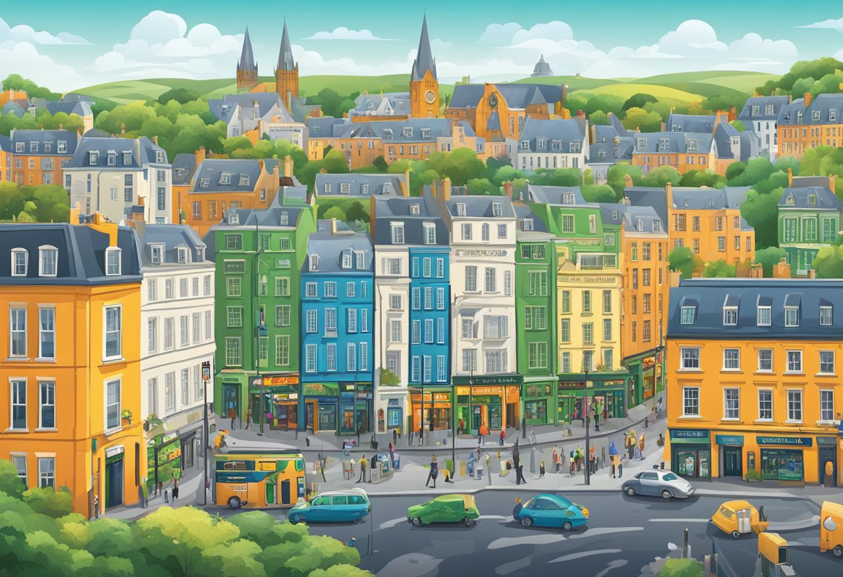 A vibrant cityscape with iconic landmarks and bustling streets, showcasing the energy and diversity of Ireland
