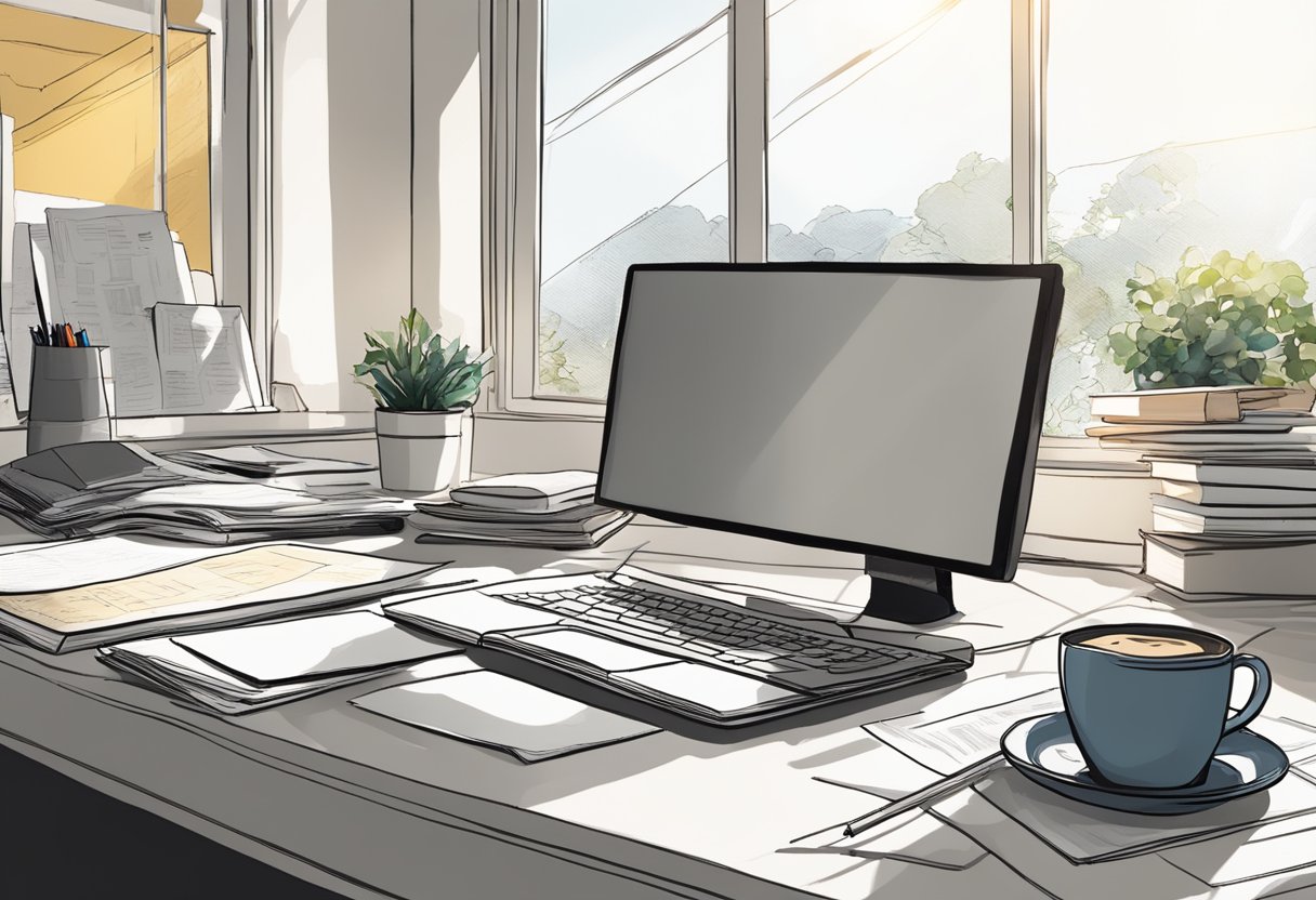 A cluttered desk with a computer, sketchbook, and coffee mug. A storyboard and script lie nearby. Bright, natural light streams through a nearby window