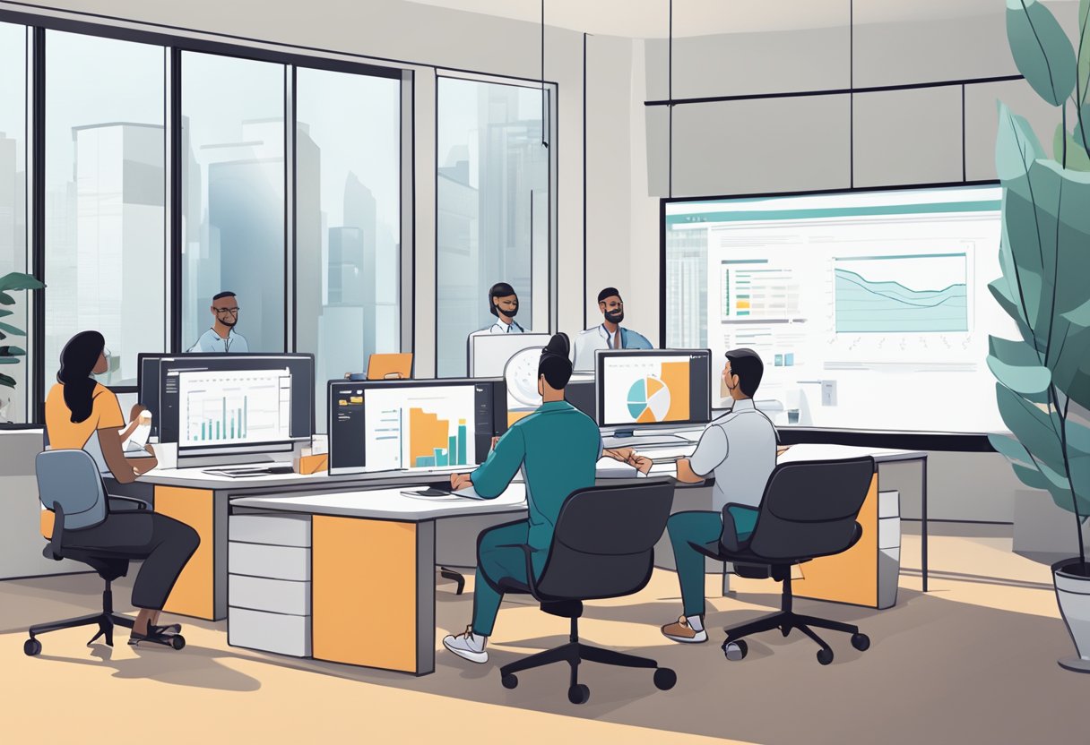 An office setting with a computer screen displaying an animated explainer video, while a group of employees watch and take notes