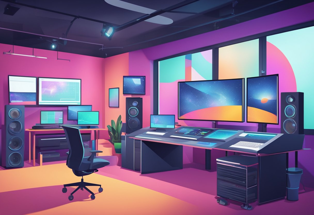 A sleek, modern video production studio with high-tech equipment and computers, surrounded by animated explainer videos showcasing the latest technological advancements